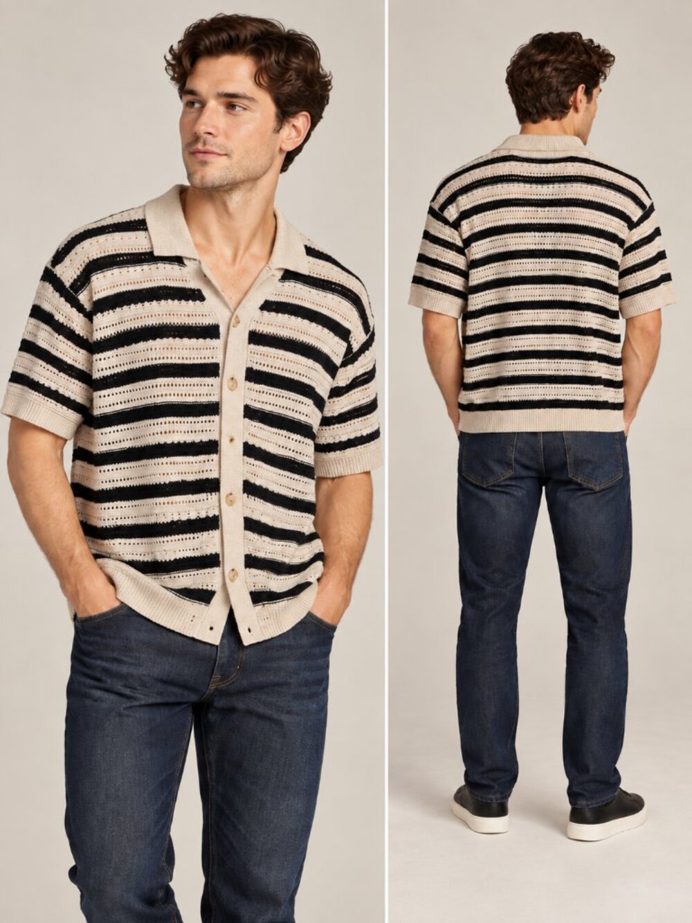 Goodfellow & Co Men's Knit Short Sleeve Full-Button Striped Polo Sweater